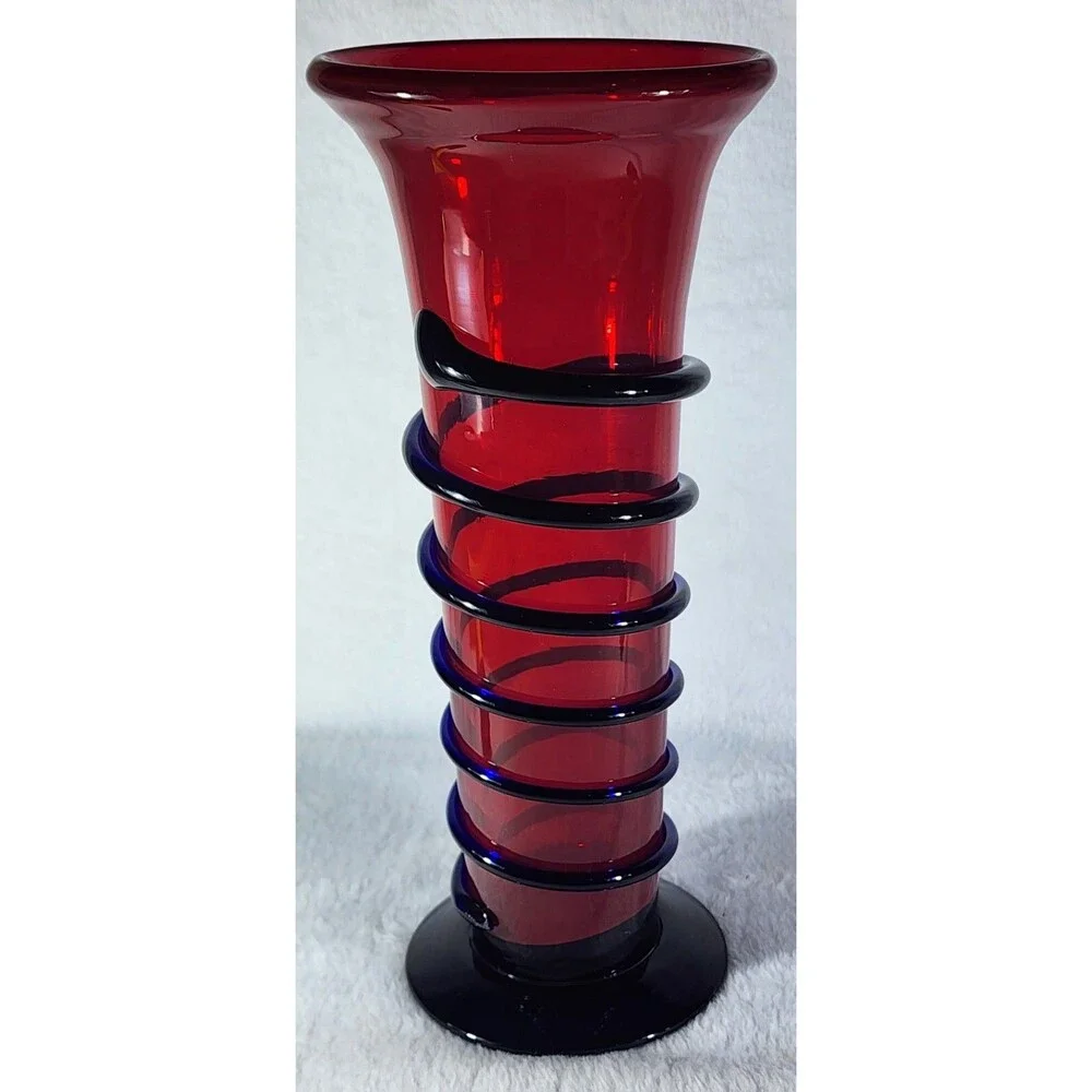 Vintage Art Deco Vase ~ Cobalt Blue SNAKE CORDING on Red Glass Decor 10.25”